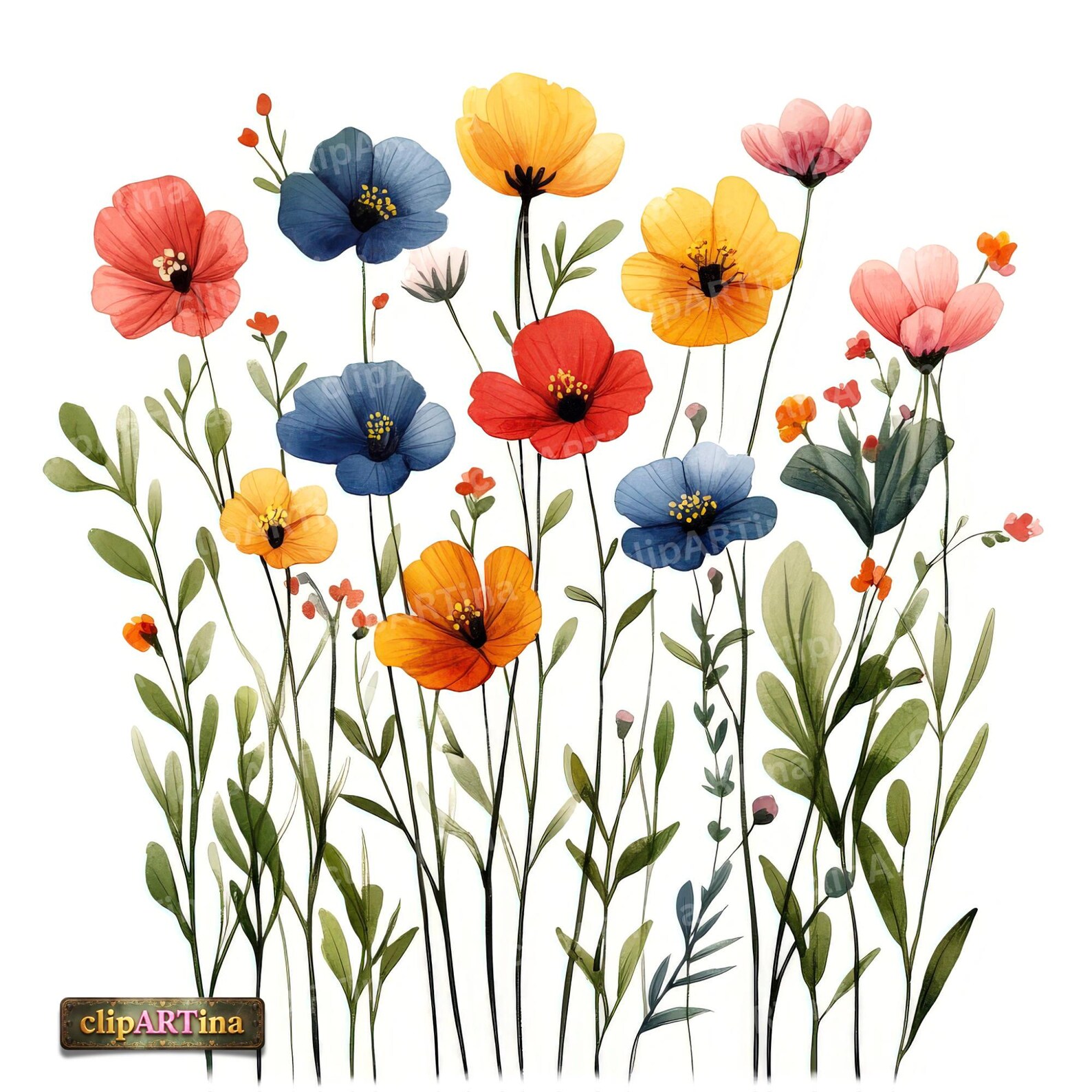 12 JPG Wildflowers Clipart Bundle – Colorful Watercolor Flowers ...