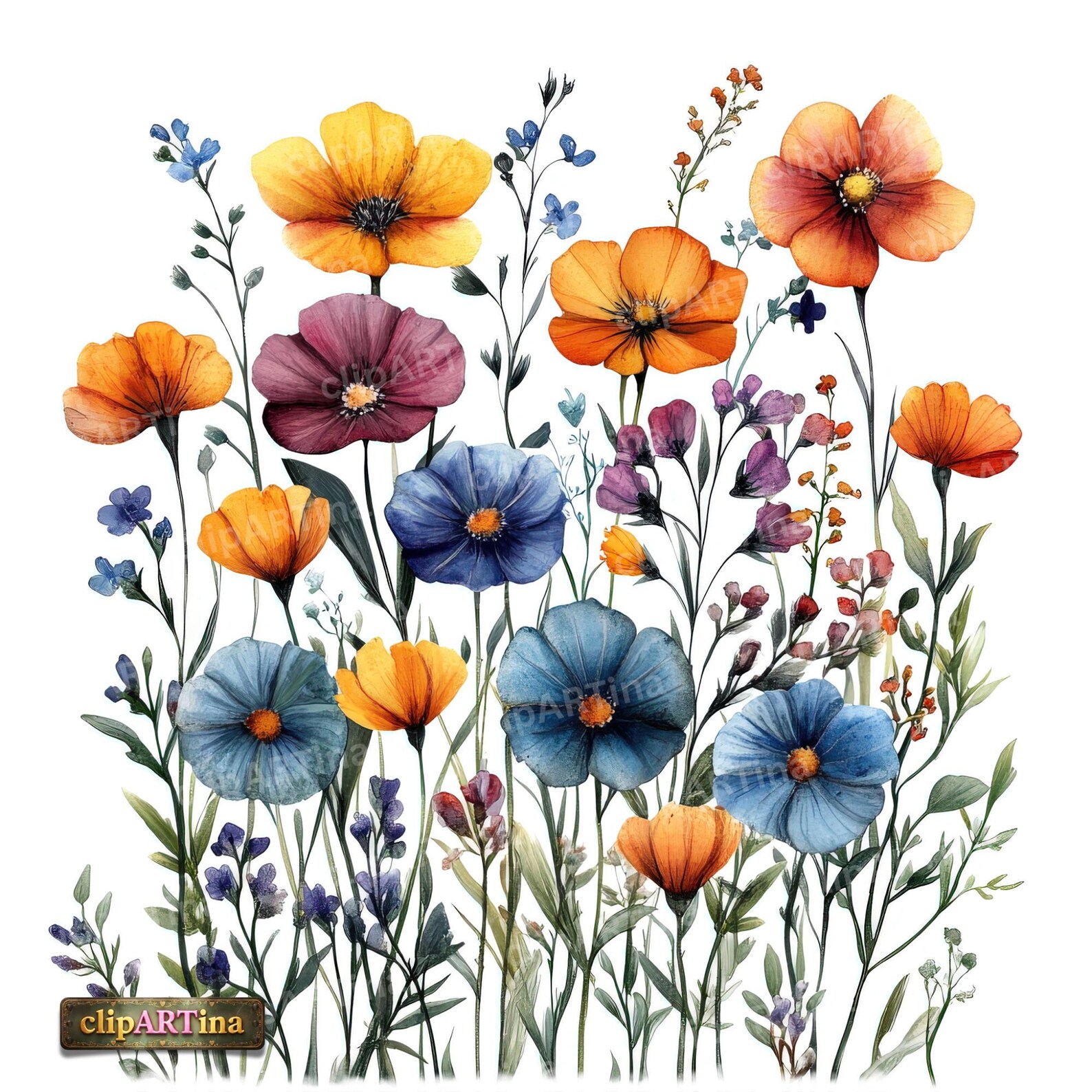 12 JPG Wildflowers Clipart Bundle – Colorful Watercolor Flowers ...