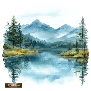 Puede incluir: Pintura a la acuarela de una serena escena lacustre con montañas al fondo. La obra presenta un lago reflectante, árboles de hoja perenne y una atmósfera brumosa, mostrando un paisaje natural en tonos azules y verdes.