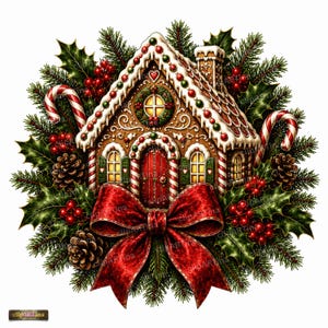 May include: A gingerbread house illustration featuring white icing, red and green candy accents, and a central red door. The house is surrounded by a wreath of green pine needles, holly leaves, red berries, pinecones, and two candy canes.