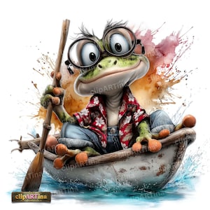 Puede incluir: Ilustración caprichosa de una rana con gafas y una camisa hawaiana, remando en un bote. La rana es verde con ojos grandes y está sentada en un bote blanco y desgastado. El fondo presenta salpicaduras de acuarela y el texto "clipARTina".