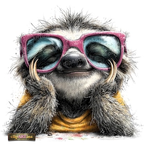 Puede incluir: Ilustración digital de un perezoso con gafas de sol rosas. El perezoso sonríe y apoya la cabeza en sus manos. Lleva una camisa amarilla. La imagen tiene un efecto acuarela con salpicaduras de pintura.
