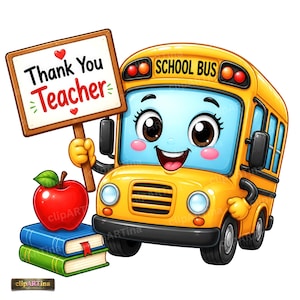 Może przedstawiać: Ż&oacute;łty szkolny autobus z kresk&oacute;wki z uśmiechniętą buzią trzyma znak z napisem Thank You Teacher. Obok autobusu znajdują się dwie ułożone w stos książki, niebieska i zielona, zwieńczone jasnoczerwonym jabłkiem. Autobus ma duże oczy i czarne opony.