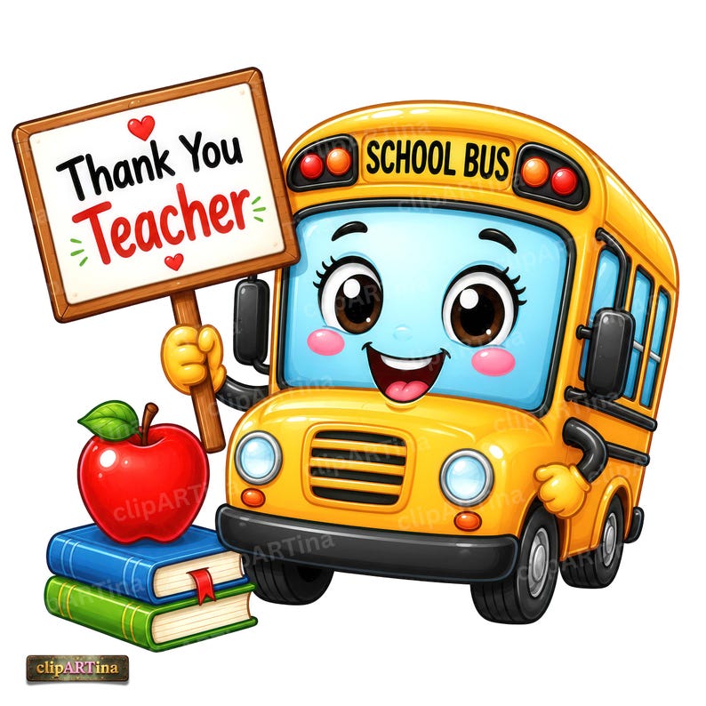 Może przedstawiać: Ż&oacute;łty szkolny autobus z kresk&oacute;wki z uśmiechniętą buzią trzyma znak z napisem Thank You Teacher. Obok autobusu znajdują się dwie ułożone w stos książki, niebieska i zielona, zwieńczone jasnoczerwonym jabłkiem. Autobus ma duże oczy i czarne opony.