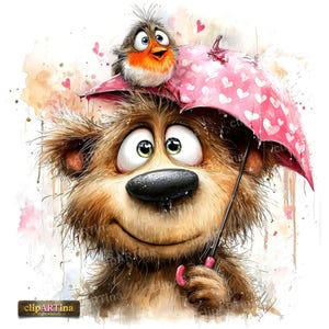 Pode incluir: Uma ilustração em aquarela extravagante de um urso marrom segurando um guarda-chuva rosa com corações brancos. Um pequeno pássaro está sentado em cima do guarda-chuva. O urso tem um nariz preto grande e olhos grandes e expressivos. O fundo apresenta respingos e corações cor-de-rosa.