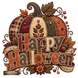 10 PNG Happy Halloween Pumpkin Clipart Bundle, Stitched Patchwork Sublimation Design (Digital Download)