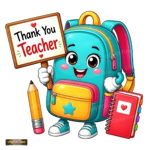 Może przedstawiać: Postać plecaka z kresk&oacute;wki z turkusowym korpusem, ż&oacute;łtą przednią kieszenią i gwiazdką, trzymająca znak z napisem Thank You Teacher. Obok znajduje się ż&oacute;łty oł&oacute;wek i czerwony notatnik w spirali z ikoną serca na okładce.