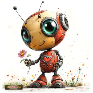 May include: A charming illustration of a robot offering a pink daisy. The robot features a yellow and orange head, large green eyes, and a heart emblem. The image is rendered in a watercolour style with colourful accents.