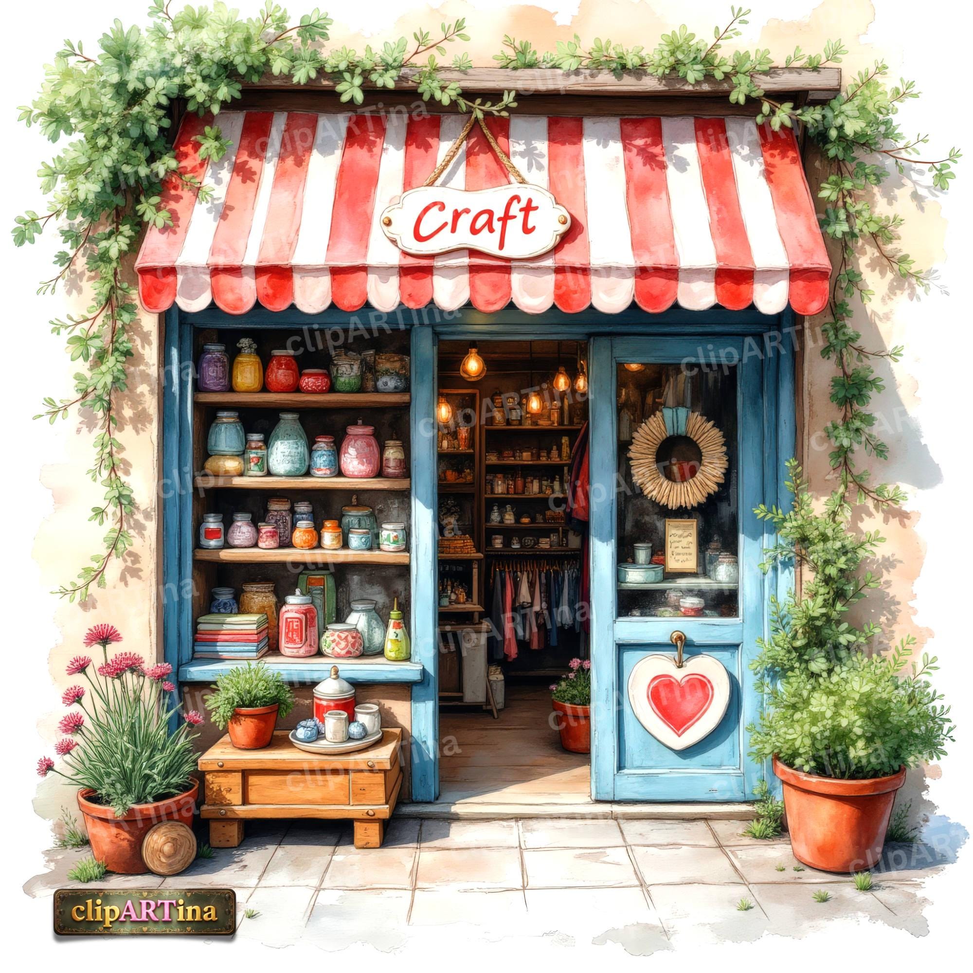 10 JPG Craft Shop Clipart Bundle – Watercolor Storefront, Small ...