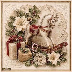 Può includere: Un cavallo a dondolo bianco con sella rossa e finiture dorate, posizionato accanto a due scatole regalo avvolte con fiocchi rossi. La scena include fiori di stella di Natale bianchi, foglie di agrifoglio verdi, un bastoncino di zucchero e uno sfondo in pizzo.