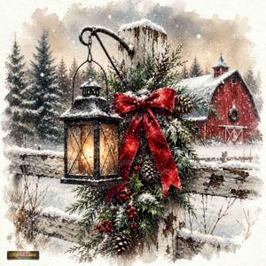 May include: A black metal lantern hangs from a wooden post, decorated with a large red bow, pine branches, holly berries, and pinecones. The scene features a snow-covered landscape with a red barn in the background and falling snowflakes.