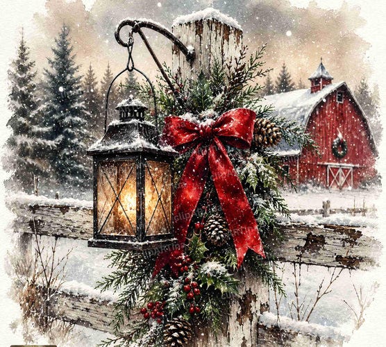 18 JPG Vintage Christmas Countryside Clipart — Rustic Winter Farmhouse Scenes