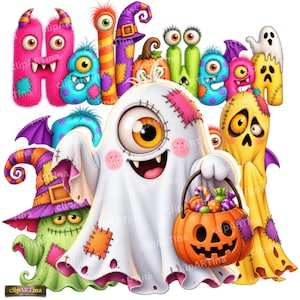 Könnte beinhalten: Eine bunte digitale Illustration, die das Wort HALLOWEEN zeigt, buchstabiert mit verschiedenen monsterartigen Buchstaben, begleitet von einem zentralen weißen Zyklopen-Geist, der einen orangefarbenen Kürbiseimer voller Süßigkeiten hält.