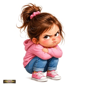 Puede incluir: Ilustración de una niña de dibujos animados con cabello castaño en una cola de caballo alta, con una sudadera con capucha rosa, jeans azules y zapatillas rosas. Tiene una expresión de enojo, con los brazos cruzados y está en cuclillas.