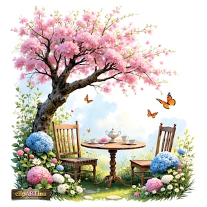May include: A digital illustration of a serene outdoor tea setting under a blooming cherry blossom tree. Two wooden chairs face a round table set with a teapot and cups. Butterflies flutter around the scene, surrounded by colorful flowers.