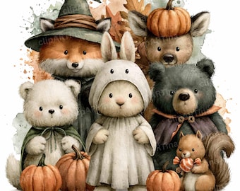 20 Watercolor Woodland Halloween Animals Clipart Bundle, Cute Forest Costumes,  JPG (Digital Download)