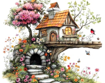 24 Whimsical Magic Garden Clipart Bundle, Watercolor Fairy Cottage Garden Scenes, JPG (Digital Download)