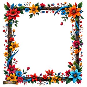 May include: A square wooden frame decorated with bright, colourful flowers. The frame features red, orange, yellow, and blue flowers, with green leaves and blue ribbons. The image has the text "clipARTina" in the bottom left corner.