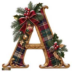 May include: A decorative letter A featuring a gold ornate frame with a red, green, and blue tartan pattern inlay. It is adorned with green pine branches, holly leaves, red berries, a red velvet bow, a hanging patterned ornament, and a gold jingle bell.