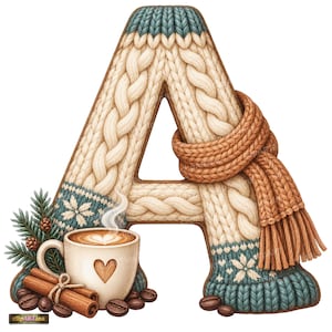 Può includere: Una lettera A decorativa con una texture a maglia intrecciata color crema e motivi a fiocchi di neve verde acqua e bianchi alla base. Una sciarpa in maglia marrone avvolge la lettera, accompagnata da una tazza di caffè, cannella e pino.