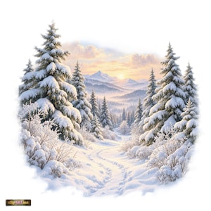 Op de afbeelding: Een winterse landschapsillustratie met met sneeuw bedekte naaldbomen die een kronkelend pad door diepe sneeuw flankeren. Op de achtergrond zijn verre bergen zichtbaar onder een zachte, bleke zonsopganghemel met lichte wolken.