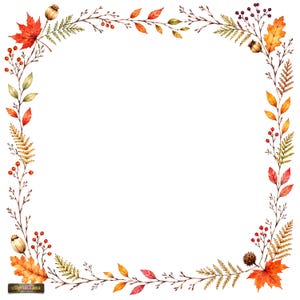 May include: A square frame composed of watercolour autumn foliage, including red maple leaves, yellow oak leaves, brown acorns, fern fronds, and small red berries on thin brown branches. The text clipARTina appears in a small dark rectangle.