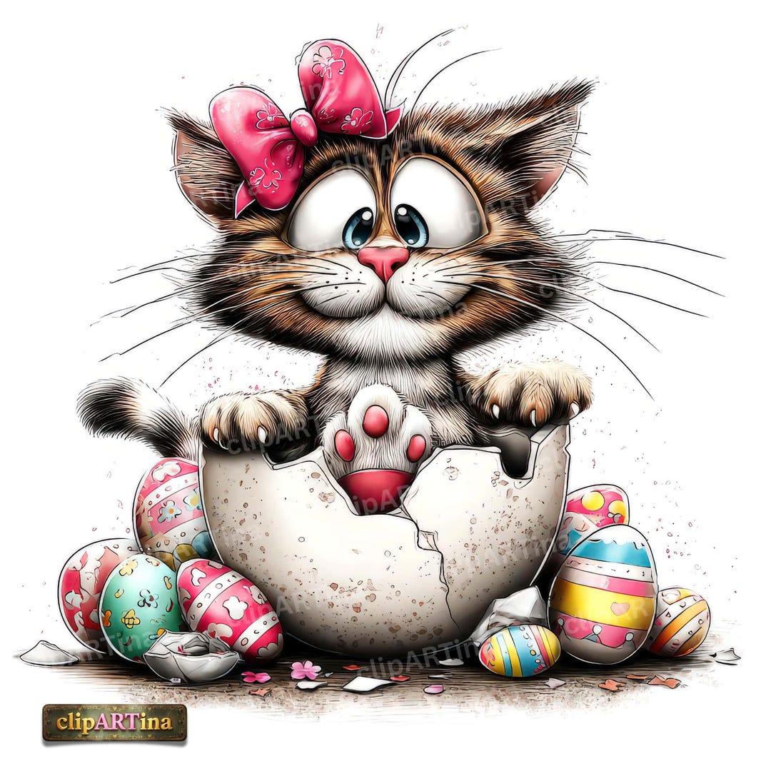 32 JPG Funny Easter Cat Clipart Bundle – Cute Watercolor Kitten in Egg ...