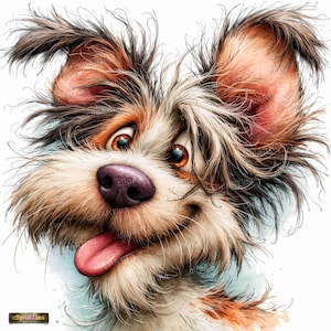 May include: A whimsical illustration of a scruffy dog with large, expressive brown eyes, a purple nose, and a pink tongue sticking out. The dog has messy, long, multi-coloured fur in shades of brown, white, and tan, with large upright ears.