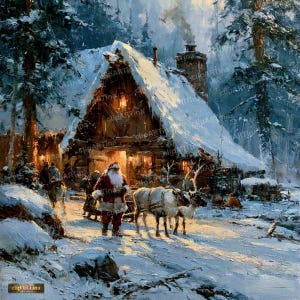 May include: An oil painting of a rustic wooden cabin covered in snow, nestled in a dense forest. Santa Claus stands in the foreground near a pair of reindeer. Warm light glows from the cabin windows, illuminating the snowy ground and trees.