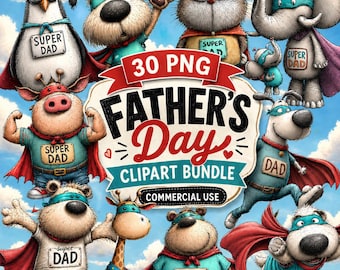 Paquete de imágenes prediseñadas PNG para el Día del Padre, animales de Super Papá para tarjetas creativas y divertidas y descarga digital, 30 PNG