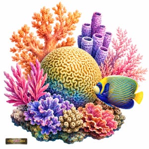 May include: A vibrant illustration of a coral reef with a variety of colorful coral formations in shades of orange, pink, purple, and blue. A yellow and blue fish swims near a large, textured, yellow coral. The image has a white background.