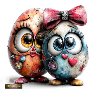 Peut inclure: Deux œufs de Pâques de dessin animé avec de grands yeux et des cils. Un œuf est orange avec des yeux dorés et un pendentif. L'autre est bleu avec des yeux bleus, un nœud rose et des cœurs. Les œufs ont de petits pieds.