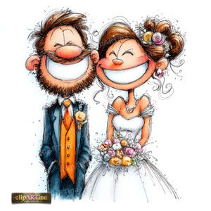 May include: A whimsical cartoon illustration of a smiling bride and groom on their wedding day. The groom wears a navy suit with an orange vest and tie. The bride is in a white wedding dress, holding a bouquet of flowers. The image has a hand-drawn style.