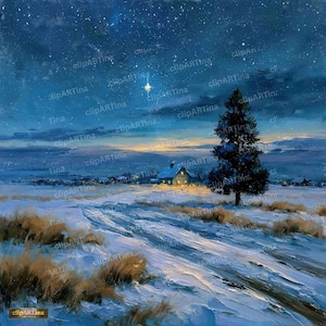 May include: An oil painting of a snowy landscape at night featuring a small house illuminated by a bright star in the dark blue sky. A tall evergreen tree stands in the foreground next to a snow-covered path with patches of dry brown grass.