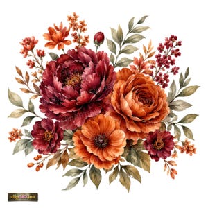 Può includere: Illustrazione ad acquerello di un bouquet floreale con grandi peonie bordeaux e arancioni, fiori più piccoli rosso scuro e foglie verdi. La composizione è su sfondo bianco. L'immagine include il testo "clipARTina".