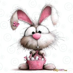 May include: A cartoon illustration of a fluffy Easter bunny with large eyes, a pink nose, and pink-lined ears. The bunny holds a pink basket filled with decorated Easter eggs. A pink flower adorns one ear. The bunny is set against a white background.