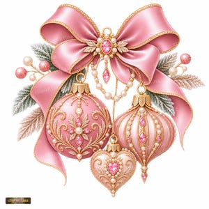 May include: A large pink satin bow adorned with a central pink gemstone and pearl accents, featuring three hanging ornaments in spherical, heart, and teardrop shapes. The ornaments are decorated with gold filigree, pink crystals, and pearls.
