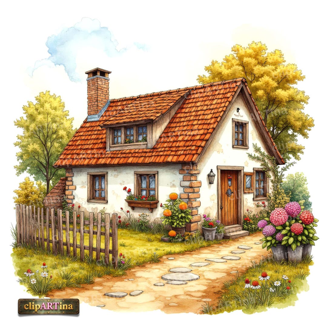 12 JPG Farmhouse Watercolor Clipart – Cozy Cottage Landscape, Rustic ...