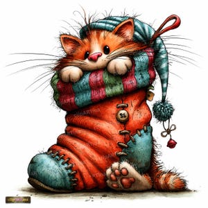 11 images clipart JPG de chat et de bas de Noël, ensemble de chatons aquarelle fantaisistes pour cartes et loisirs créatifs (téléchargement numérique)