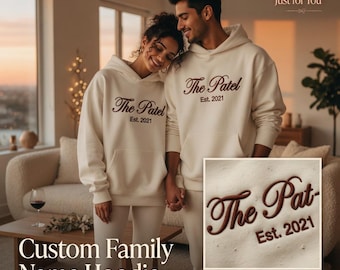 Bluza z kapturem z nazwiskiem rodziny – spersonalizowana bluza z kapturem dla pary „The Patel Est. 2021”, prezent w postaci pasującej bluzy rodzinnej