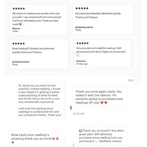 May include: A collection of customer reviews displayed on a white background. The reviews are in a chat-like format, with text and star ratings. The reviews express satisfaction with the service, mentioning accuracy and detail.