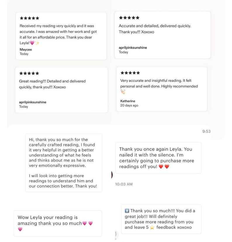 May include: A collection of customer reviews displayed on a white background. The reviews are in a chat-like format, with text and star ratings. The reviews express satisfaction with the service, mentioning accuracy and detail.