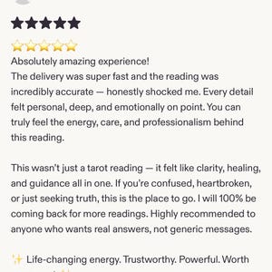 May include: A customer review with a five-star rating and the name "Katherine." The review praises the reading's accuracy, depth, and emotional impact. It highlights the clarity, healing, and guidance received, recommending it for those seeking truth.