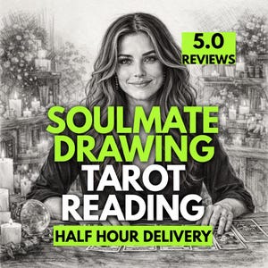 May include: A grayscale image featuring a woman with long wavy hair, smiling. Bold green text reads "SOULMATE DRAWING TAROT READING" and "HALF HOUR DELIVERY." A "5.0 REVIEWS" banner is in the top right. Tarot cards and a crystal ball are on the table.