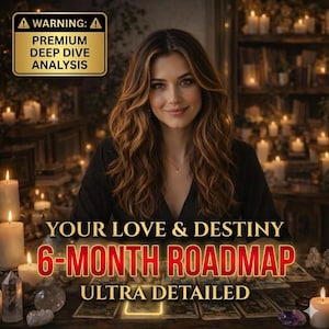 Op de afbeelding: Een vrouw met lang bruin haar glimlacht voor brandende kaarsen en tarotkaarten. De afbeelding bevat de tekst "WARNING: PREMIUM DEEP DIVE ANALYSIS" en "YOUR LOVE & DESTINY 6-MONTH ROADMAP ULTRA DETAILED."