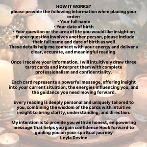 May include: Text on a white background explains the process of a tarot reading. The text includes the steps to provide information, the drawing of three cards, and the interpretation of the cards. The text is surrounded by candles.