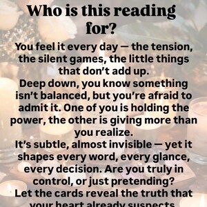 May include: Text on a blurred background of candles and flowers reads: "Who is this reading for?" followed by several paragraphs of text. The text discusses tension, silent games, and the truth that the heart suspects.
