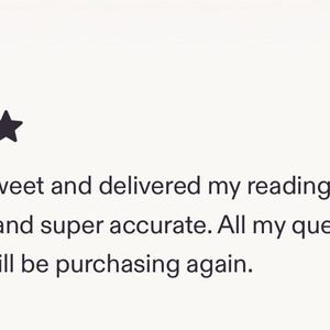 May include: A customer review featuring a five-star rating. The review, attributed to "Hailey," praises the speed, detail, and accuracy of a reading, stating they will purchase again. The review was posted 15 days ago.