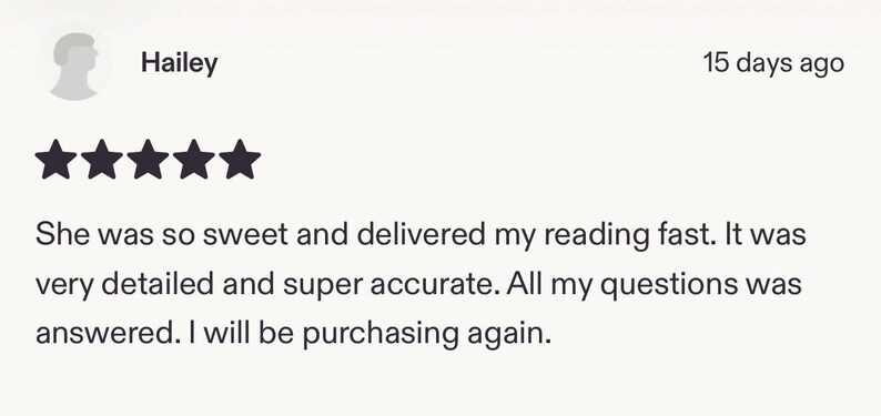 May include: A customer review featuring a five-star rating. The review, attributed to "Hailey," praises the speed, detail, and accuracy of a reading, stating they will purchase again. The review was posted 15 days ago.
