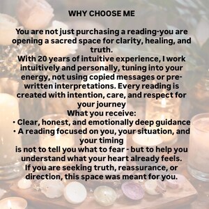 May include: Image with text: "WHY CHOOSE ME" and details about a reading service. The text describes a focus on clarity, healing, and truth, with 20 years of experience. It highlights clear guidance and understanding your feelings.
